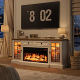 RNLRNL Fireplace TV Stand Up to 80" TVs, 70'' Modern Entertainment Center with 36" Electric Fireplace & LED Lights, Farmhouse Media Console with Storage Cabinet & Drawer for Living Room, Antique White RNLRNL