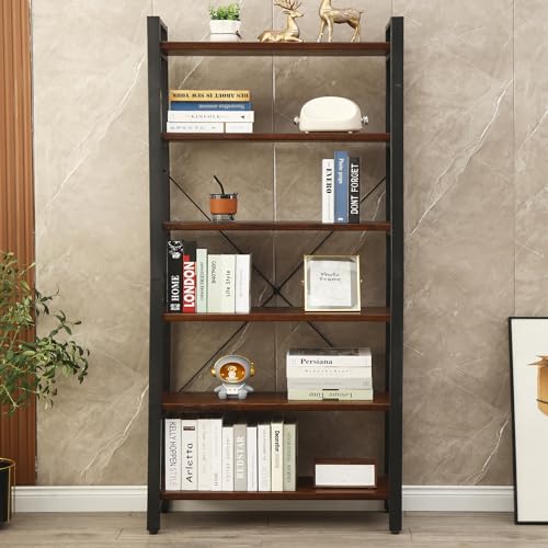 Rustic Brown 6-Tier Solid Wood Industrial Bookcase with Metal Frame - WoodArtSupply