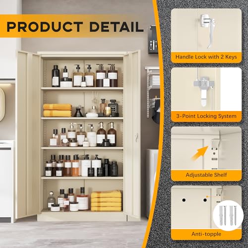 Greenvelly Metal Garage Storage Cabinet with Doors and Shelves,72" Steel Locking Garage Storage Cabinet,Metal Office Storage Cabinet for Home,School,Garage(Grey) Greenvelly