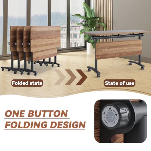 Folding Conference Room Tables with Wheels,Mobile Conference Table with Wooden Tabletop,Modular Training Tables Space Saving,Large Rolling Table for Office Classroom Meeting Room (4, Walnut, 55.1in) SOIUDNEB