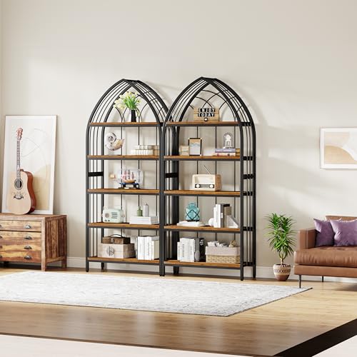 Tribesigns Rustic Brown & Black 74.8-Inch 5-Tier Industrial Curved Bookshelf Set of 2 - WoodArtSupply