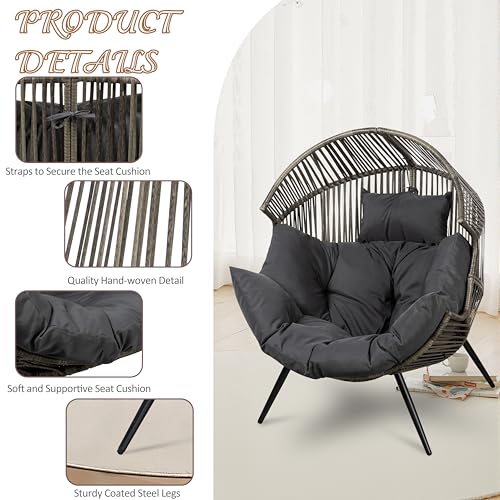 Shintenchi Wicker Egg Chair, Outdoor Rattan Patio Chair with Cushion,Oversized Patio Lounge Chairs with Cushion Egg Basket Chair, Egg Seat for Indoor Living Room Bedroom Outside,Grey Shintenchi