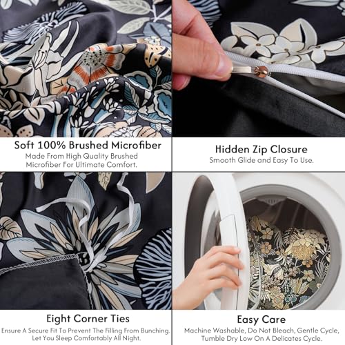 LONAVA King Flower 3 Pcs Duvet Cover Set, Breathable Soft Microfiber Black Lining Comforter Cover with Zipper Closure, and 2 Anti-Pilling, Fade Resistant Pillowcases, Midnight Blossoms LONAVA
