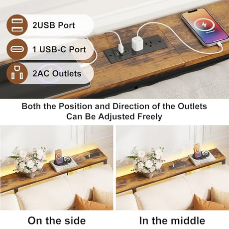 YGEOMER 79in Behind The Couch Table Skinny Adjustable Height Sofa Table with Outlet Narrow Console Table with LED Lights, Rustic Brown YGEOMER