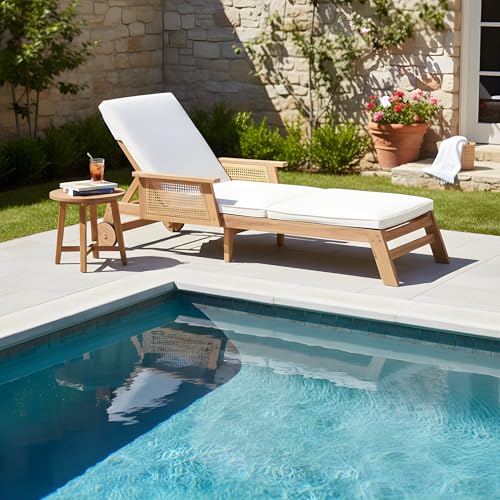 Merax Retro Acacia Wood Outdoor Chaise Lounge with Wheels & 3-Position Adjustable Backrest, Vintage Wicker Design Sun Lounger with Plush Removable Cushion for Patio, Garden & Poolside, Acacia Wood
