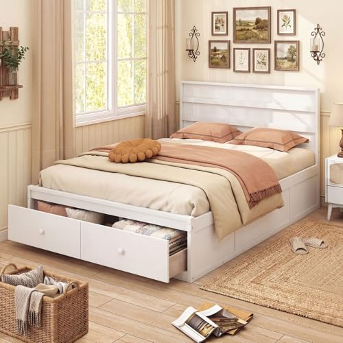 Giantex Full Size Bed Frame with Storage Drawers, Wood Platform Bed with Headboard, Solid Mattress Foundation w/Wooden Slat Support & Enclosed Base, No Box Spring Needed (White, Full) Giantex