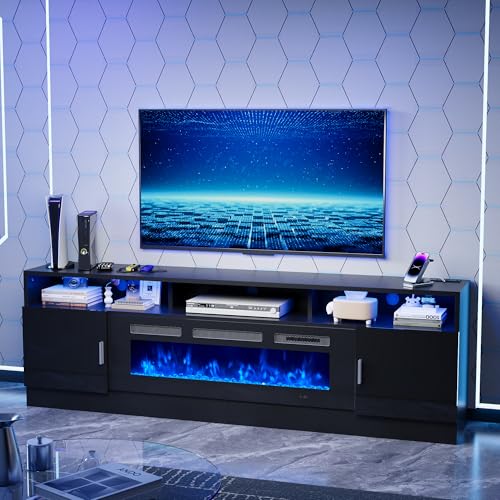 oneinmil 78" Fireplace TV Stand with Power Outlet for TVs Up to 90", Electric Fireplace Entertainment Center with LED Lights & Storage Cabinets, Media Console Table for Living Room oneinmil
