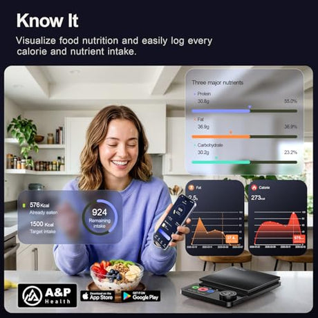 Amzmerit Smart Food Kitchen Scale with Nutritional Calculator, Timer, 0.1g High Precision Kitchen Scale, Free App with 27 Nutrients Tracking, Digital Grams and Ounces for Weight Loss,11lbs/5kg (Black) Amzmerit