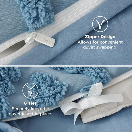 Bedsure Boho Duvet Cover King - Dusty Blue Tufted Boho Bedding, Farmhouse Shabby Chic Embroidery Bedding for All Seasons, 3 Pieces, 1 Soft Jacquard King Comforter Cover and 2 Pillow Shams Bedsure