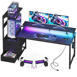 Casaottima 59 Inch Gaming Desk with USB Charging Ports & LED Light - Reversible Computer Desk with 3 Fabric Drawers, Monitor Stand, CPU Stand, and Side Hook, Modern Office Desk, Pure Black Casaottima