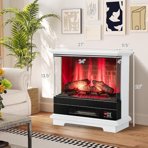 ORALNER 27” Electric Fireplace with Mantel, 3-Sided Glass View, Wooden Surround Firebox, Freestanding Fireplace Heater w/ 7 Flame Colors, Remote & 6H Timer, Overheat Protection, 1400W (White) ORALNER