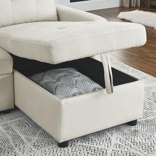 L-Shaped Reversible Sleeper Sectional Sofa Pull Out Couch Bed , Button Tufted Linen Convertible Pullout Sofabed with Storage Chaise Lounge and Detachable Cushion Back for Living Room Apartment Corner Eafurn