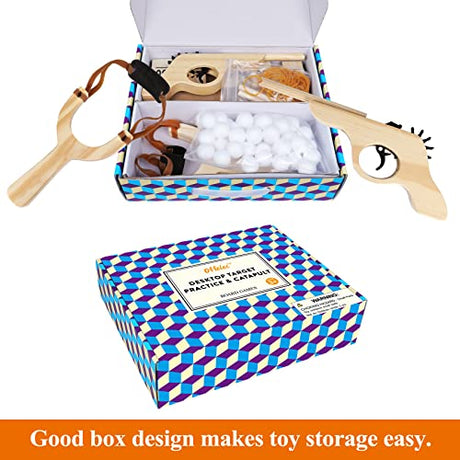 Offelec Wooden Multi-Shot Rubber Band Gun Pistol Handgun and Catapult Game with Wooden Number Target Stand for Kids and Adults. Party and Family Offelec