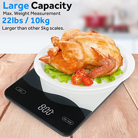 AIMILAR Digital Kitchen Scale 22lb/10kg USB-C Rechargeable, Tempered Glass Top Easy Clean, LED Touch Screen No Buttons, Auto Shut Off AIMILAR