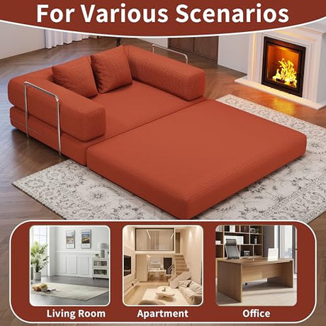 BSHOMGI Folding Sofa Bed, 4 in 1 Convertible Sofas to Lounger Comfy Single Bean Bag Chair Floor Portable Foldable Sleeper Lazy Futon Couch Chair for Bedroom, Living Room (Orange, 53.15" Double Sofa) BSHOMGI