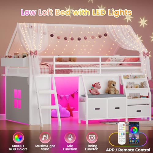 ADORNEVE Low Loft Bed Twin Size with Bookshelf, Reading Nook, LED Kids Loft Bed with 3 Drawers, Under-Bed Play Space, House Loft Beds with Safety Guardrail, Inclined Ladde & Play Curtain, White ADORNEVE