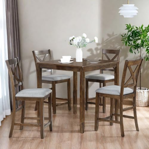 Trygoal Dining Table Set for 4, Modern 5 Piece Dining Room Table Set with Square Table & 4 X-Shaped Backrest Upholstered Chairs, Counter Height Kitchen Chairs Set for Small Space, Walnut Trygoal