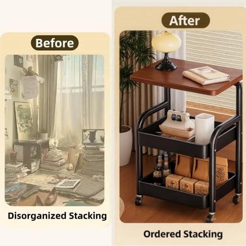 3 Tier Metal Rolling Utility Cart Organizer with Walnut Table Top, Stable and Sturdy Rolling Storage Carts with 2 Lockable Wheels for Kitchen，Bathroom，Snacks，Coffee，Craft，Makeup，Baby Essentials MASHART