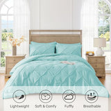 UNIKOME King Size Comforter Set Aqua Blue - Ultra Soft Boho Pintuck Down Alternative Bedding Set for All Seasons, 3 Pieces Lightweight Warm Pinch Pleat Bed Set with Comforter, 2 Pillowcases UNIKOME