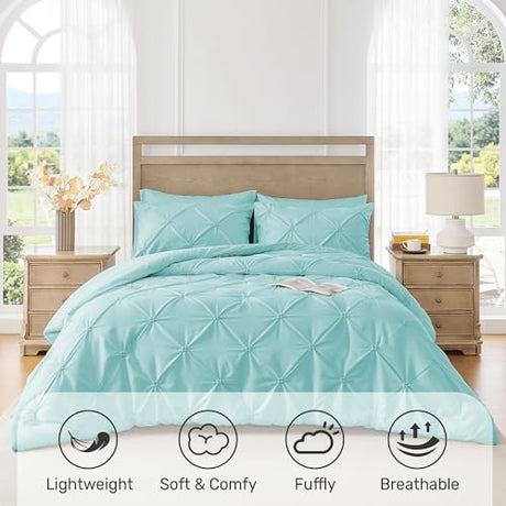 UNIKOME King Size Comforter Set Aqua Blue - Ultra Soft Boho Pintuck Down Alternative Bedding Set for All Seasons, 3 Pieces Lightweight Warm Pinch Pleat Bed Set with Comforter, 2 Pillowcases UNIKOME