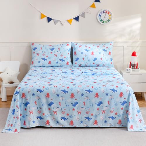 ChicView Full Sheet Set Kids,4 Pieces Breathable Soft Microfiber Bedsheets for Child Boys Girls, Anti Pilling Deep Pockets Easy Care Bed Sheets, Ocean Animals ChicView