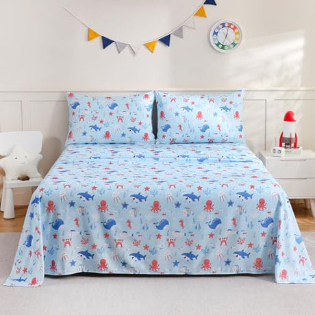 ChicView Full Sheet Set Kids,4 Pieces Breathable Soft Microfiber Bedsheets for Child Boys Girls, Anti Pilling Deep Pockets Easy Care Bed Sheets, Ocean Animals ChicView