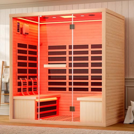 Albott Infrared Sauna 4 Person, Infrared Saunas for Home, Low EMF 2145W/110V/20A Hemlock Wood Dry Sauna with Tourmaline Foot Warmer, 7-Color Light Therapy & Ambient Light Strips, 63.2"x47.2"x75.2" Albott