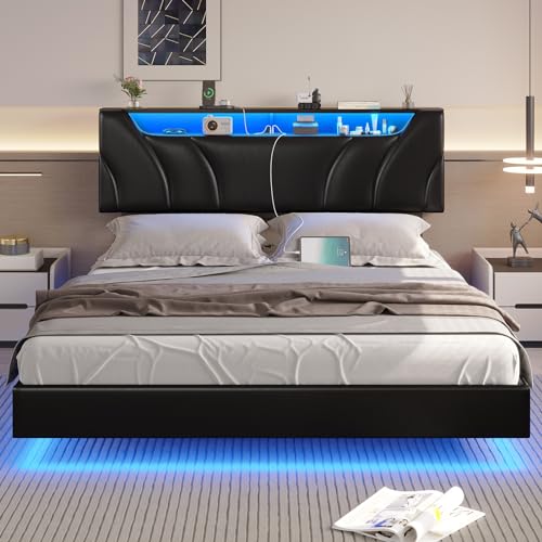 DICTAC Full Size Floating Bed Frame with led Lights & Storage Headboard Full Led Visual Floating Bed with Outlets Faux Leather Upholstered Platform Bed with Hidden Storage,No Box Spring Needed,Black DICTAC