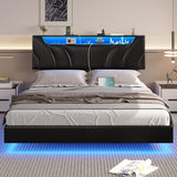 DICTAC Full Size Floating Bed Frame with led Lights & Storage Headboard Full Led Visual Floating Bed with Outlets Faux Leather Upholstered Platform Bed with Hidden Storage,No Box Spring Needed,Black DICTAC