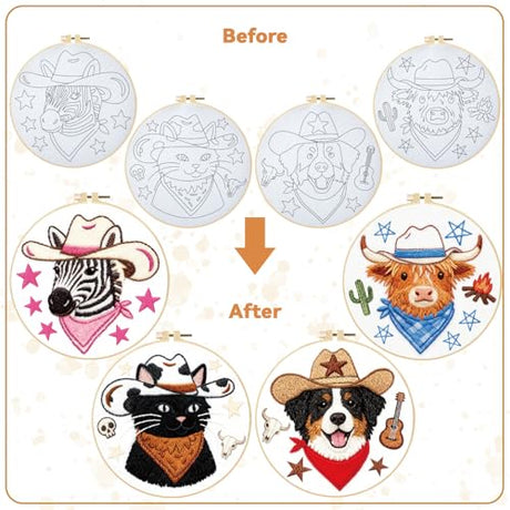 BEUNITONE 4 Set Embroidery Kit for Beginners, Animal Cowboy Patterns Cross Stitch Kits, Needlepoint Kits for Adults with Hoop, Cute Hand Embroidery Patterns for Cloth and Home Decor BEUNITONE