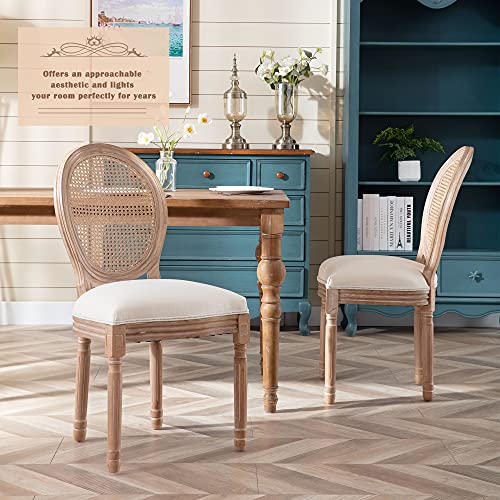 Nrizc French Country Dining Chairs Set of 4, Farmhouse Fabric Chairs with Round Back, Rattan Dining Chair, Oval Side Chairs for Dining Room/Living Room/Kitchen/Restaurant - WoodArtSupply