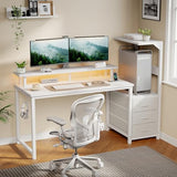 DUMOS L Shaped Gaming Desk with Shelves Storage Drawers 52'', White Computer Desks with LED Lights Power Outlets, Office Wood Table with PC Stand Cable Management for Bedroom Dual Monitor Streaming DUMOS
