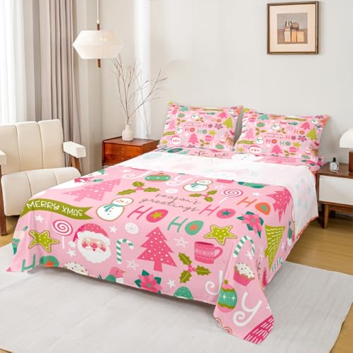 Erosebridal Pink Christmas Bed Sheets, Cartoon Santa Claus Sheet Set Twin for Kids Boys Girls Women Bedroom, Snowman Pine Fitted Sheet + Christmas Tree Cute Deer Top Sheet + 1 Xmas Decor Pillow Case Erosebridal