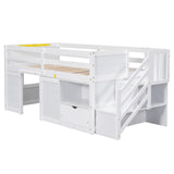 Twin Low Loft Bed for Kids, Twin Size Solid Frame with Drawer and Stairs, Modern Space-Saving Bed, Loft Bed with Storage, Strong Wood Slats Support, Under-Bed Playroom, No Box Spring Needed (White) Lyngins