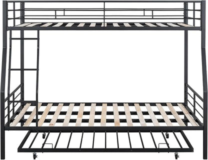 UOCFYK Full XL Over Queen Metal Bunk Bed with Trundle and Ladders for Teens Youths Adults,Heavy-Duty Bunk Bed with Guardrail,Space Saving Design,No Box Spring Needed,Black