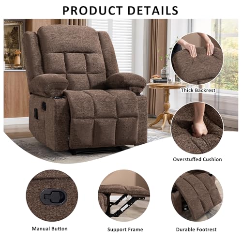 EBELLO Manual Recliner Chair for Adults with Vibration Massage and Lumbar Heating, Soft Fabric Recliner Single Sofa for Living Room with Side Pocket and Two Cup Holders, Brown