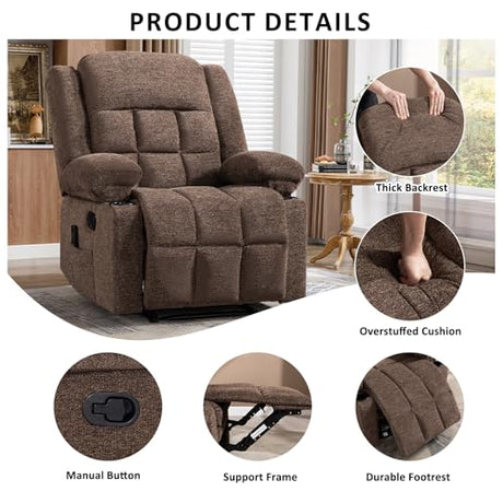 EBELLO Manual Recliner Chair for Adults with Vibration Massage and Lumbar Heating, Soft Fabric Recliner Single Sofa for Living Room with Side Pocket and Two Cup Holders, Brown EBELLO
