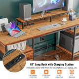 Furologee 61" Computer Desk with Power Outlet and USB Ports, Large Desk with Shelves and Drawer, Writing Study Desk with Fabric File Cabinet and Long Monitor Stand, Gaming Desk for Home Office Furologee