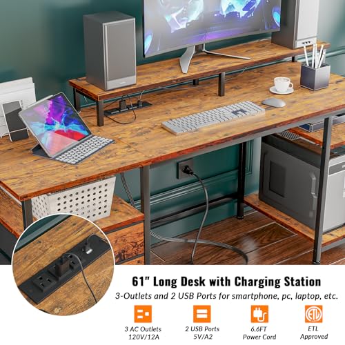 Furologee 61" Computer Desk with Power Outlet and USB Ports, Large Desk with Shelves and Drawer, Writing Study Desk with Fabric File Cabinet and Long Monitor Stand, Gaming Desk for Home Offic - WoodArtSupply