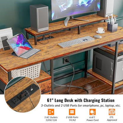 Furologee 61" Computer Desk with Power Outlet and USB Ports, Large Desk with Shelves and Drawer, Writing Study Desk with Fabric File Cabinet and Long Monitor Stand, Gaming Desk for Home Offic - WoodArtSupply