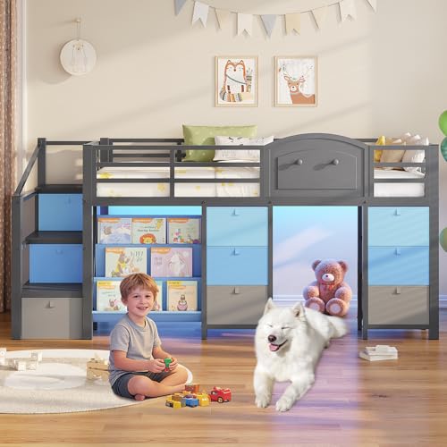 VIAGDO Low Loft Bed Twin Size with 9 Storage Drawers, Bookcase and LED Lights, Metal Kids Loft Bed with Wide Staircase, Open Shelves and Safety Guardrail, Twin Loft Bed with Under-Bed Playhouse, Grey VIAGDO