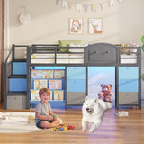 VIAGDO Low Loft Bed Twin Size with 9 Storage Drawers, Bookcase and LED Lights, Metal Kids Loft Bed with Wide Staircase, Open Shelves and Safety Guardrail, Twin Loft Bed with Under-Bed Playhouse, Grey VIAGDO