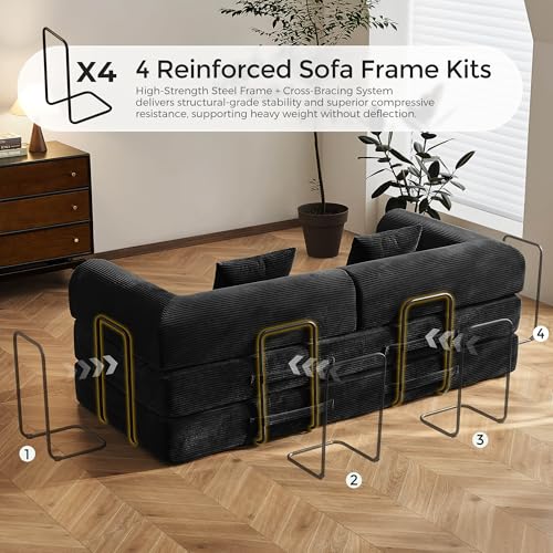 79" Convertible Sofa Bed with Fixed-Shape Frame & Removable Armrests, Modular Corduroy Sleeper Sofa, Folding Mattress Couch for Small Spaces - No Assembly Needed in Black (Includes 2 Pillows) SAVENICA