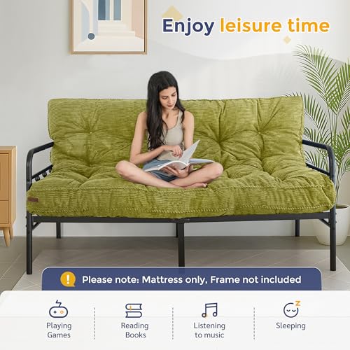 MAXYOYO 6" Futon Mattress Full Size, Tufted Futons Sofa Couch Bed with Twisted Rope Design Edging, Thick Corded Fabric Floor Mattress for Adults, Shredded Foam Filling (Frame Not Included), Green MAXYOYO