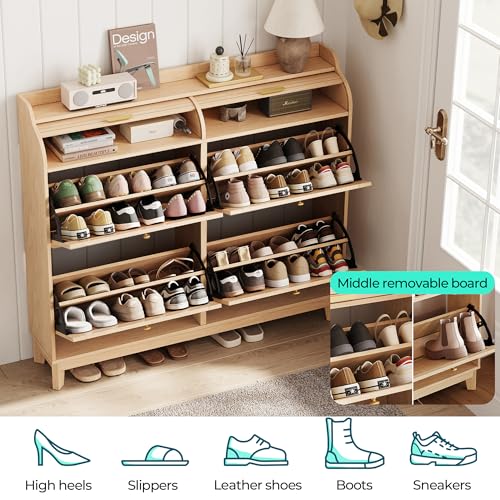 LINSY Shoe Storage Cabinet, Rattan Shoe Cabinet Wood Shoes Rack Cabinets with Sliding Tambour Door, Large Flip Drawer Shoe Cabinet Boho Hidden Shoe Storage for Entryway, Front Door, Hallway, Oak LINSY