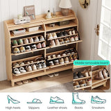 LINSY Shoe Storage Cabinet, Rattan Shoe Cabinet Wood Shoes Rack Cabinets with Sliding Tambour Door, Large Flip Drawer Shoe Cabinet Boho Hidden Shoe Storage for Entryway, Front Door, Hallway, Oak LINSY