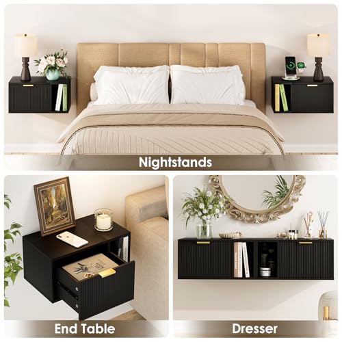 Masupu Floating Nightstand, Wall Mounted Floating Bedside Table with Storage Drawer and Open Shelf, Modern Bedroom Nightstand, 19.3" x 11.4" x 10", Black Masupu