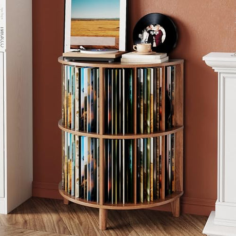 GiftGo 3-Tier Vinyl Record Storage Half Round Mid Century Vintage Player Table with Spacious Storage Turntable Stand Perfect for Living Room Bedroom (Walnut, L-27.5) GiftGo