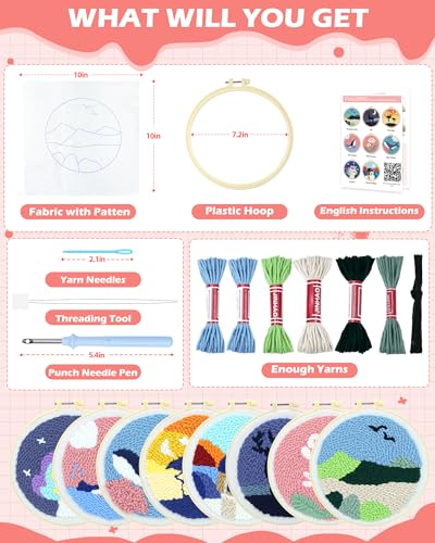 FIVEIZERO DIY Punch Needle Kit for Beginners,Mountain View Punch Embroidery Kit with Patterns,Yarn Punch Needle Art Craft Kit for Adults,Punch Needling Starter Set for DIY Gift and Home Decor
