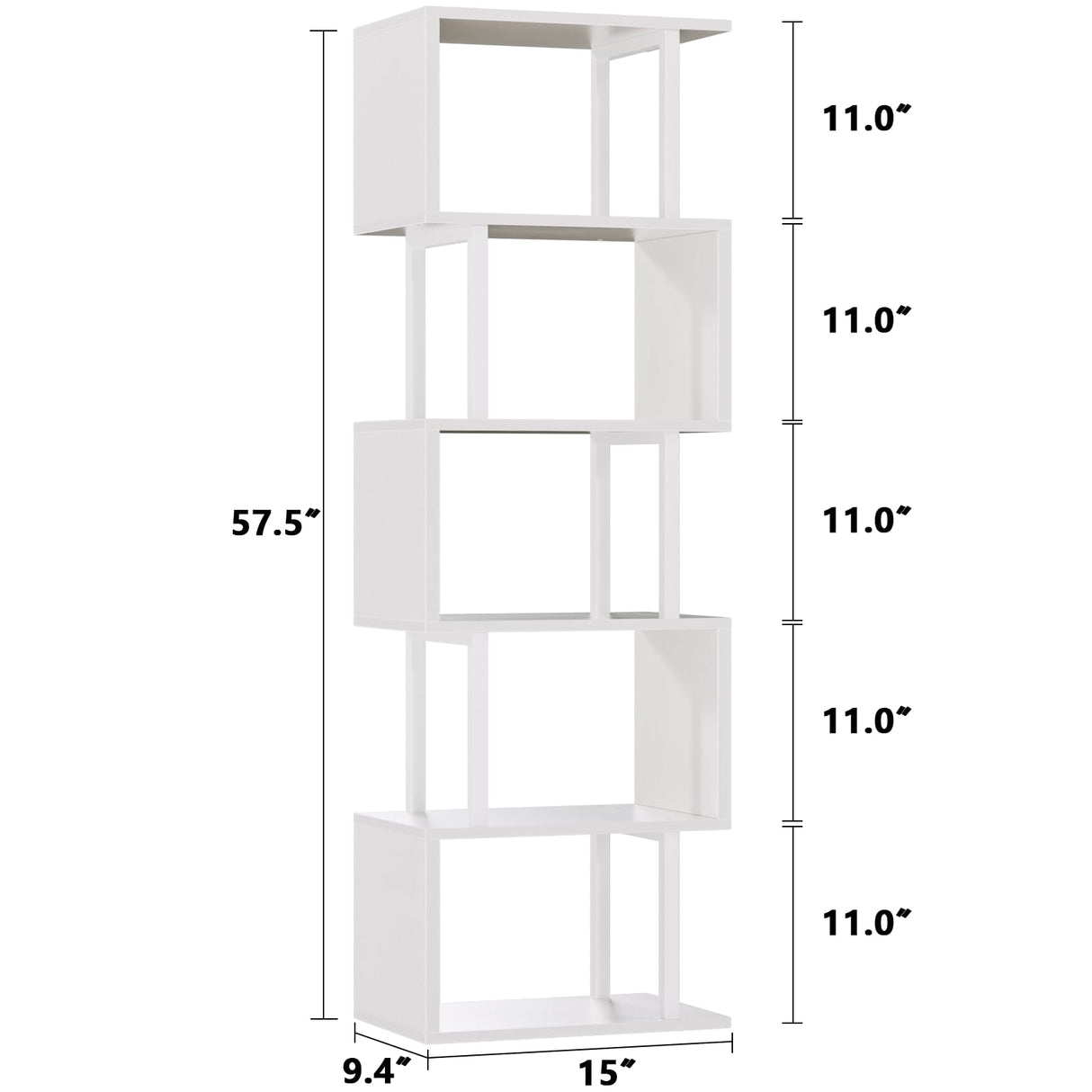Furologee White Geometric Bookshelf 6 Tier S-Shaped Bookcase, Tall Modern Display Storage Shelf, Metal and Wood Decorative Freestanding Room Divider Shelves for Bedroom, Living Room, Office Furologee